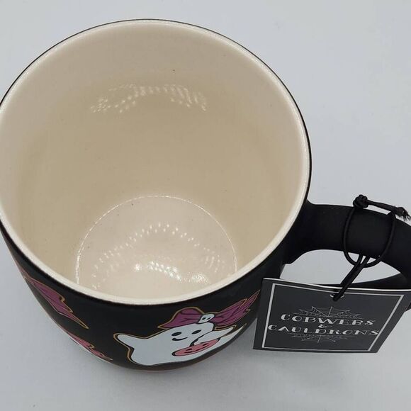 Cobwebs & Cauldrons Halloween ghost pink bow black mug - Picture 4 of 8